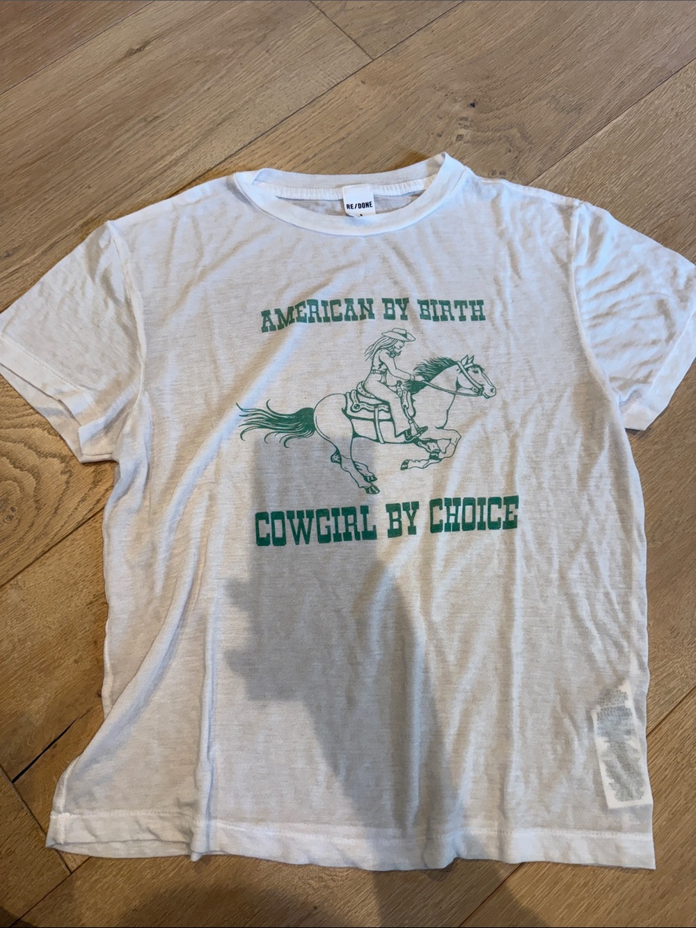 Re/Done White Tee with Green Cowgirl Graphic